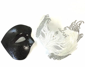 Couple's White Masquerade Mask Set with Silver or Gold Shimmer, Phantom Half Face Men's Mask, Masquerade Couples Set