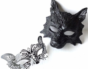 Couples Masquerade Masks Black Wolf And Fox, His & Hers Animal Masquerade Masks, Elegant Halloween Face Masks, Couples Black Animal Masks