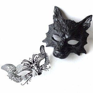 Máscaras de baile de máscaras para casais: lobo preto e raposa, máscaras de baile de máscaras de animais para ele e para ela, máscaras faciais elegantes de Halloween, máscaras de animais pretas para casais