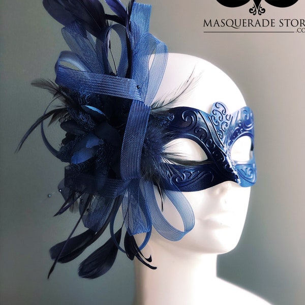 Exquisite Cobalt Blue Masquerade Mask Women Feather Ball Mask