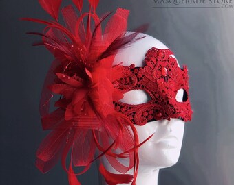 Stunning Red Masquerade Mask Women Feather Mask Masked Ball