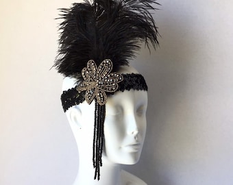 Black Flapper Girl Headpiece | Roaring 20's Headpiece | Black Headband With Feathers With Elegant Events | Masquerade Black Tie Events