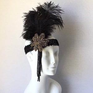 Black Flapper Girl Headpiece | Roaring 20's Headpiece | Black Headband With Feathers With Elegant Events | Masquerade Black Tie Events