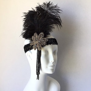 Black Flapper Girl Headpiece | Roaring 20&#39;s Headpiece | Black Headband With Feathers With Elegant Events | Masquerade Black Tie Events