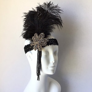 Black Flapper Girl Headpiece | Roaring 20's Headpiece | Black Headband With Feathers With Elegant Events | Masquerade Black Tie Events