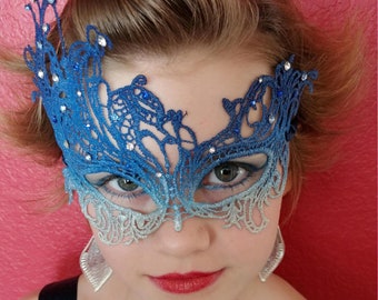 Kids Masquerade Mask Blue Iridescent Rhinestones Lace Mask Masquerade Store 40