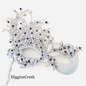 Mask on stick Silver masquerade mask women handheld stick mask woman silver mask on stick Customized masquerade mask by higginscreek