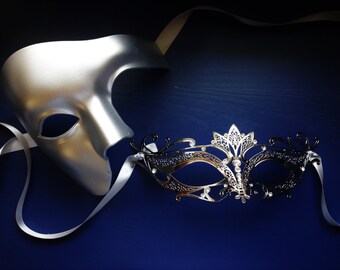 Silver Couples Masks, Party Mens Womens Couples Masquerade mask Set, Formal masquerade ball masks for couples, his & hers Masks