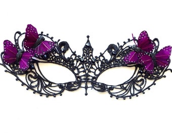 Women Black lace mask, Masquerade Mask purple butterflies, Rhinestone mask, Masquerade Ball Lace Mask