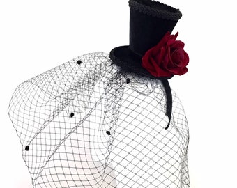 Black Velvet Hat With Red Rose And Black Fishnet Veil, Hat Accesory For Outfit Or Costume, Dia De Los Muertos, Day Of The Dead