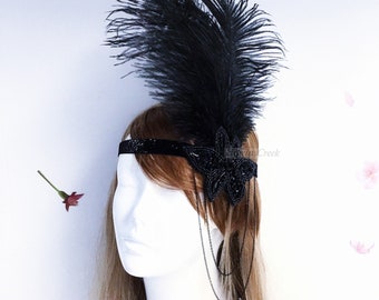 Black Flapper Girl Headpiece | Roaring 20's Headpiece | Black Headband With Feathers For Elegant Events | Masquerade Black Tie Events