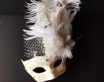 Women White Wedding Masks, Women masquerade Masks, Wedding Masquerade, White Wedding Mask, White Feathered Masks