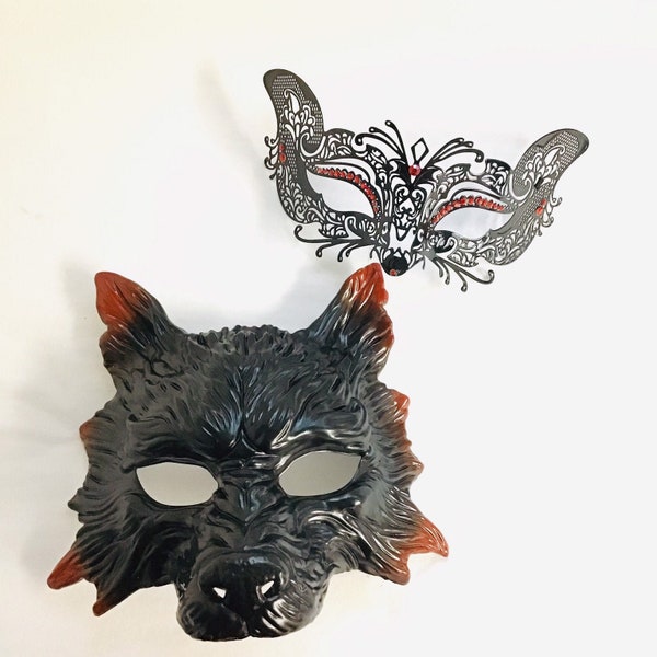 Masquerade masks wolf mask fox mask, His & Hers Animal masks, Halloween Fox women Mask, Wolf mens Mask, black red couples wolf masks Cosplay