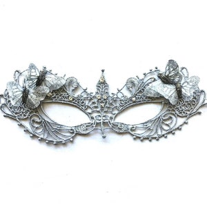 Women&#39;s Silver lace mask, butterfly Masquerade Mask, Mask With Rhinestones, Silver Wedding Mask, Butterflies Mask, New Year party mask