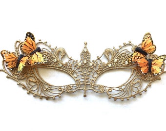 Women's Gold Masquerade Mask, Mask With Rhinestones & Butterflies, Masquerade Ball Masks, Gold Lace Mask, party Masks,  Mask