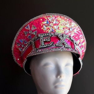 Hot Pink Captain Hat woman pink Sequin Rave Hat, pink Holographic goggle hot pink Hats Concerts, hot pink Festival Hats, Halloween Party Hat