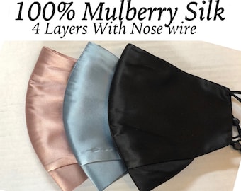 100% Mulberry Silk Mask 4 layers Nose wire mask Women's LUXURY SILK by higginscreek