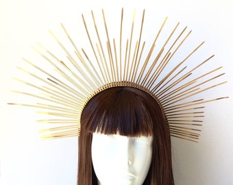 Sunburst crown l zip tie Saint headpiece l Gold Spiked Halo Headdress l Queen Halo l Heavenly Bodies l Goddess festival headpiece