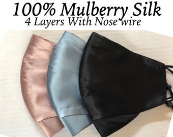 Silk Cloth Mask Black Cloth Mask 4 layers Nose wire 100% MULBERRY Silk Mask Women's LUXURY silk Mask USA Made 1 Day Ship