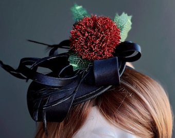 Kerst fascinator hoed zwart rood Facinators, vakantie feesthoed vrouwen, vakantie fascinator