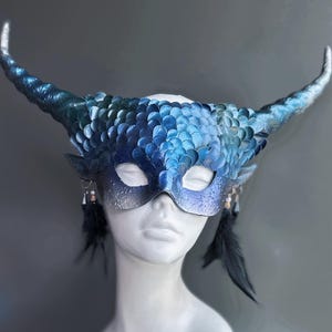 Blue Mermaid Dragon Horn Mask for Halloween Cosplay, Gothic Scales Devil Horned Masquerade Mask,  Fantasy Fish Snake LARP Costume