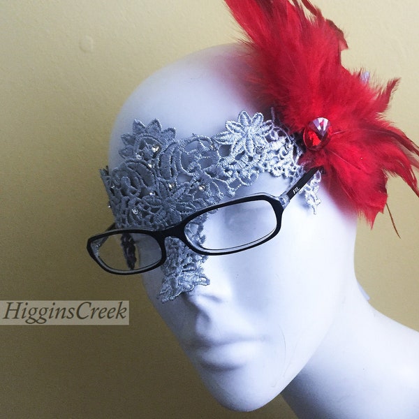 Masquerade mask women eye glasses l masks for eye glass wearers l feather masquerade masks l silver/red theme masquerade masks