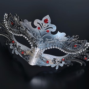 Silver Red Womens Masquerade Mask Silver Party Mask NYE Prom Masquerade Ball Mask Womens Silver Masks Halloween cat mask