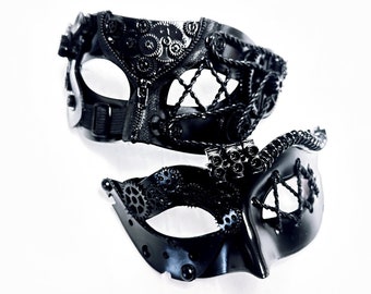 Black Steampunk Couples Masquerade Masks, Halloween Mask, Cosplay Mask, Masquerade Party, Masquerade Ball, Costume Party, Halloween Party