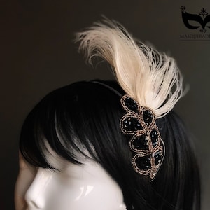 Ivory Flapper Costume Headpiece with Feathers, 20s Costume Party, Flapper Girl Costume, Beaded Headband