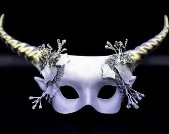 Horned Fantasy Halloween Masquerade Mask with Floral Details