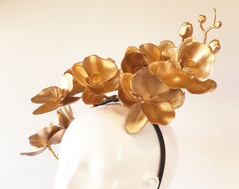 Gold Fascinator Hut Floral Orchid Gartenparty Hut Gold Derby Fascinator Hut Orchidee Stirnband Blumenkrone