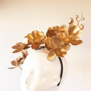 Gold Fascinator Hat Floral Orchid garden party Hat Gold Derby fascinator hat Orchid Headband Flower Crown