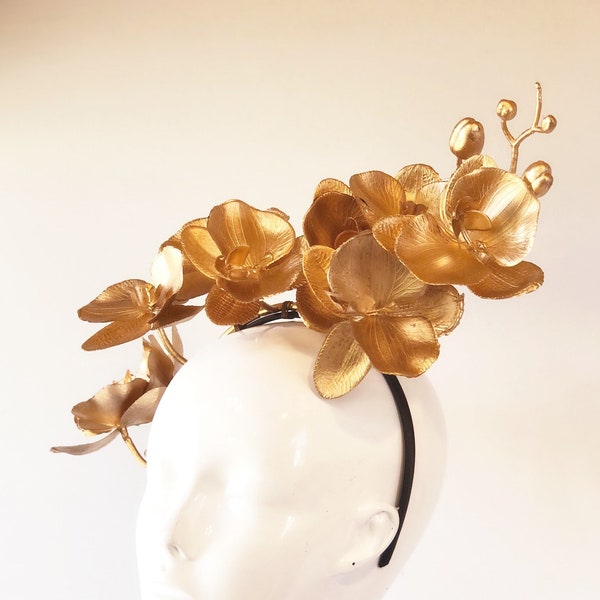 Gold Fascinator Hat Floral Orchid garden party Hat Gold Derby fascinator hat Orchid Headband Flower Crown