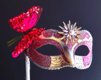 Masque de mascarade papillon rose, Masque bâton, Masque de mascarade à main, Masque à paillettes, Soirée mascarade, Bal masqué, Masque vénitien