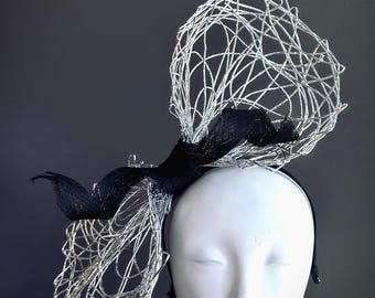 Silver Fascinator Hat Black Bow Headband Tea Party Hat Derby Hat Derby Race Horse Hat Silver Headpiece