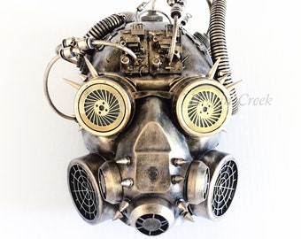 Steampunk Biohazard Gas Mask spike Goggles, Distressed Gold Respirator Mask with Tubes