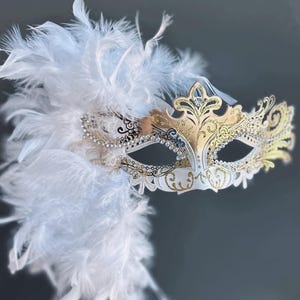 White masquerade mask with stick masquerade masks, masquerade ball, White feathers masquerade mask on stick Venetian masquerade masks
