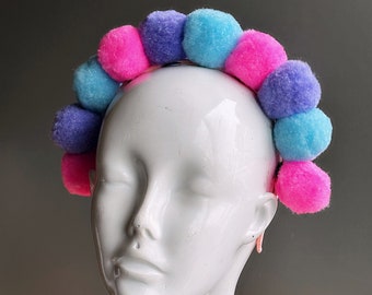 Pink Tulle Pom Pom Headband with Rainbow Veil Labelrail x Rachel Burke pom pom detail headband with  main image 3