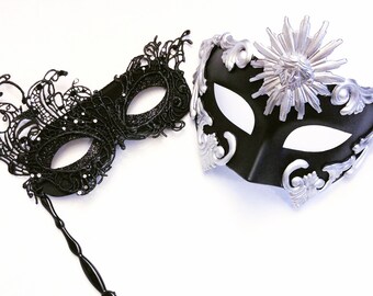 Prom Couples Mask, Couples Black Masquerade Masks Set, Black and Silver Masks for Him & Her, Womens Hand Held Mask