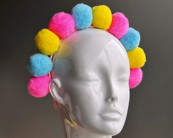 Colorful Pom Pom Headband for Women and Kids - Spring Hair Accessory - Tea Party Hat - Colorful Pompom Headdress