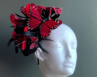 Red Butterfly Fascinator, holiday fascinators, Christmas fascinator Hat, holiday derby hat, Christmas headband