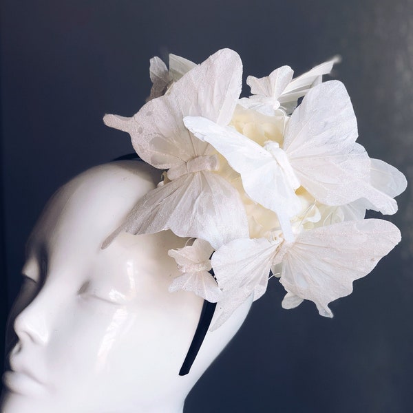 White Fascinator White Butterfly Headband Diner en Blanc- Derby