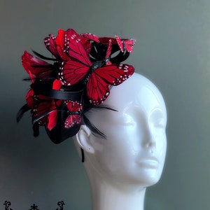 Red Butterfly Fascinator, holiday fascinators, Christmas fascinator Hat, holiday derby hat, Christmas headband