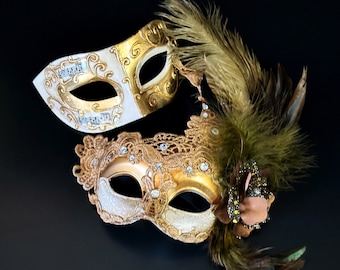 Ivory Gold Feather Lace Masquerade Mask Couples Set