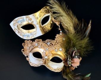 Phantom His and Hers Masquerade Masks, Gold Masquerade Mask, Couples Masquerade Masks, Prom Mask, Half Face Mask, Costume Mask Venetian Mask