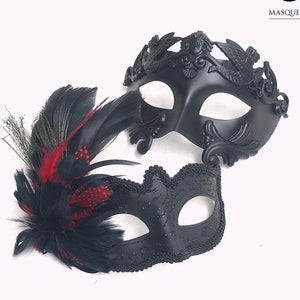 Masquerade Ball Black Mask, Couples Masquerade Mask Set, Elegant Feather Mask, Mens Roman Mask, Masked Ball, Prom