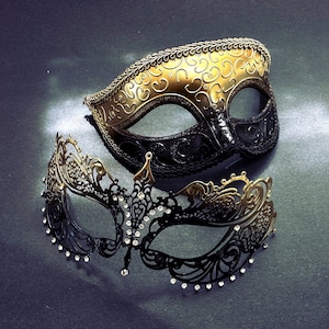 Masquerade Couples Mask, Gold Black Venetian Masks, Crystal Mask, Masquerade Party, Masked Ball, Party Mask, Womens Masquerade Mask, Wedding