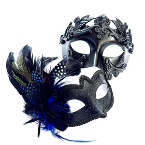 Venetian Masquerade Mask Couples Set, Womens Blue Feather Masquerade Mask, Masquerade Party Mask, Masked Ball, Black Mens Mask, Gala Mask