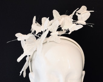 White Butterfly headband, fascinator Hat with butterflies, White derby hat headpiece