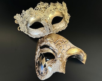 Phantom His and Hers Masquerade Masks, Gold Masquerade Mask, Couples Masquerade Masks, Prom Mask, Half Face Mask, Costume Mask Venetian Mask